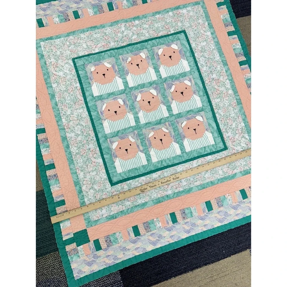 Handmade Teddy Bear Quilt Pastel Floral Patchwork‎ Baby Crib Blanket Pink Green